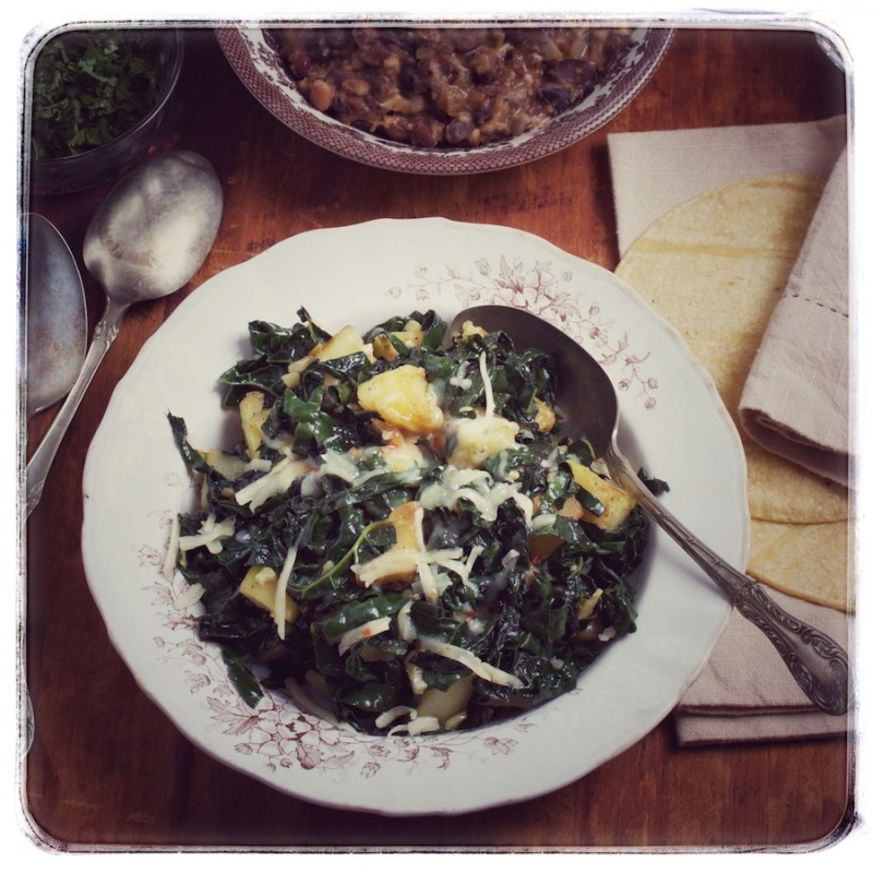 Kale and potato taco filling