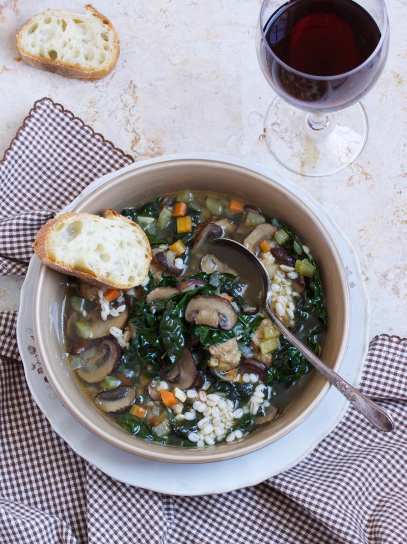 Beef and Barley Soup with Meatballs, Kale and Mushrooms