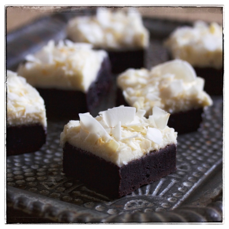 Cocoa brownies with coconut icing
