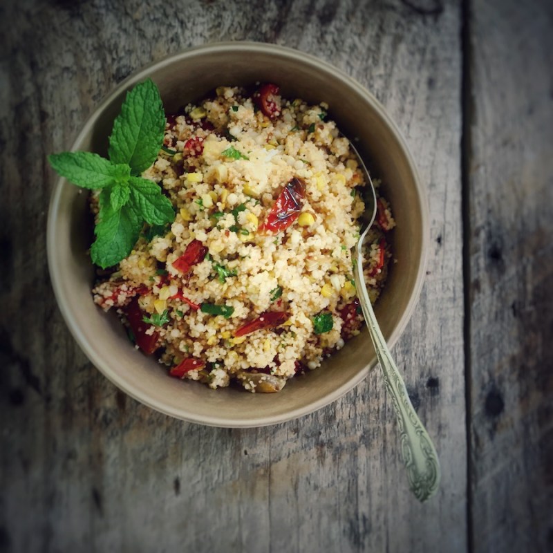 Double couscous with roasted corn and oven-dried tomatoes
