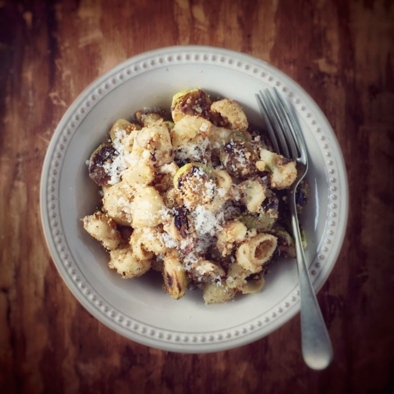 Pasta with charred Brussels sprouts and cauliflower