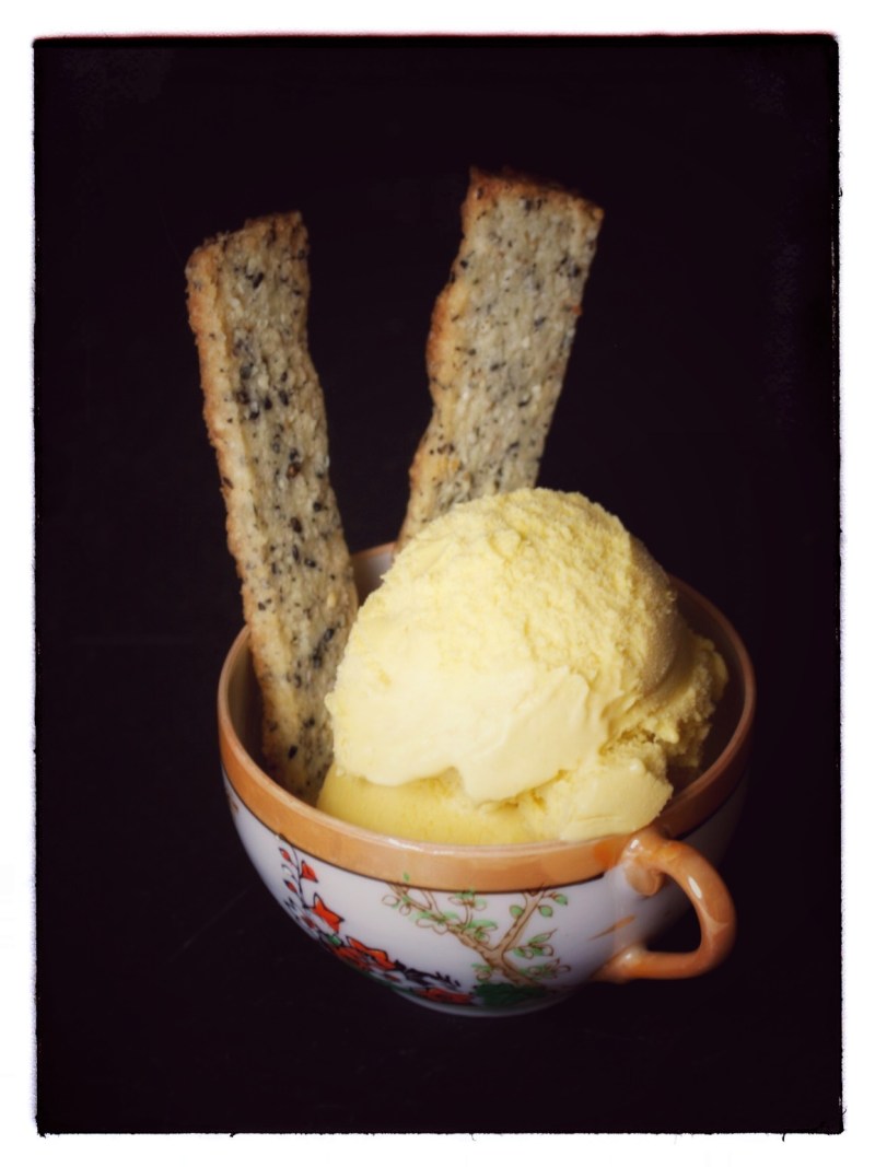 Sesame sticks and miso caramel ice cream